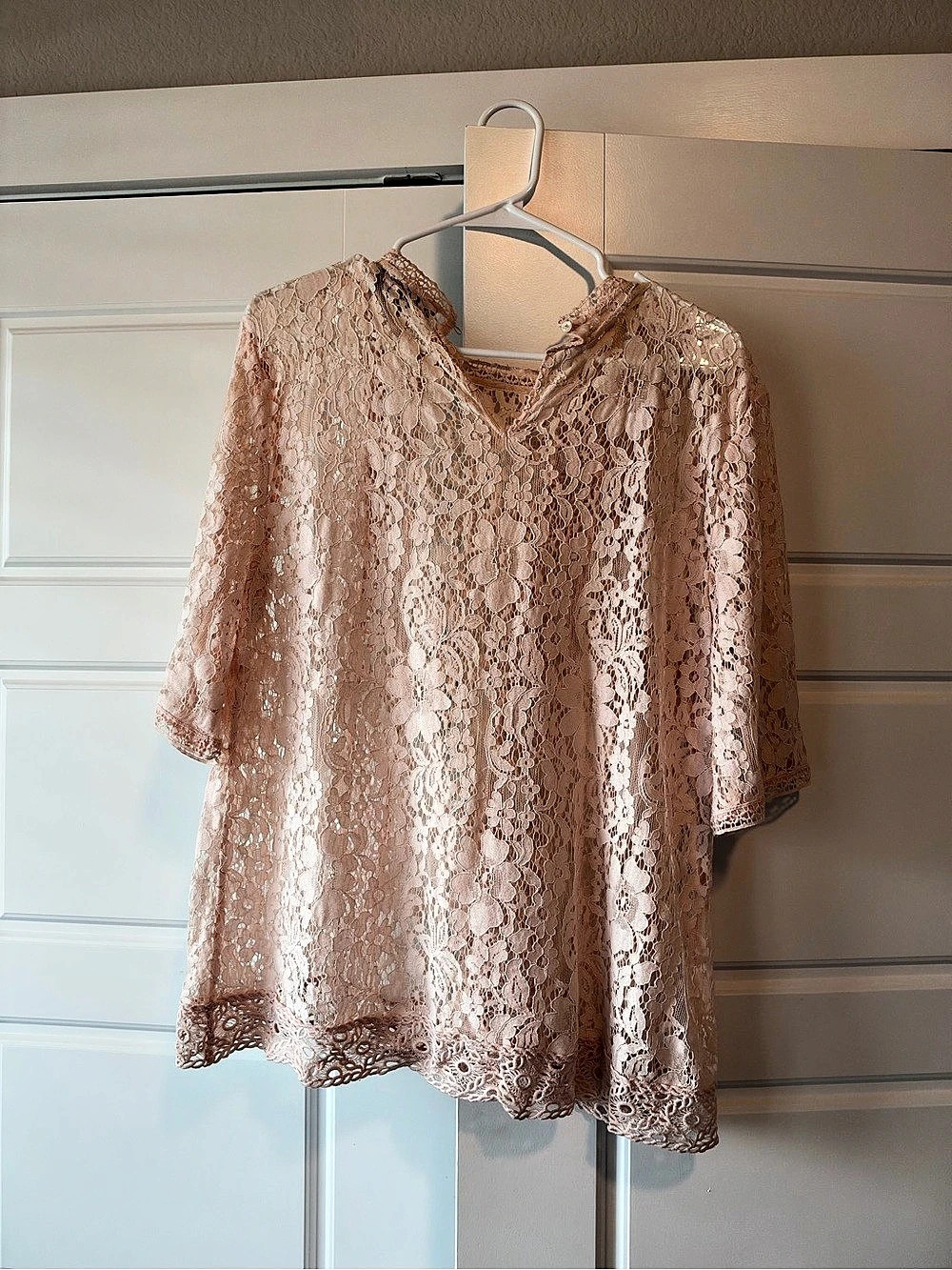 LOFT Lace Short Sleeve Blouse in Pink